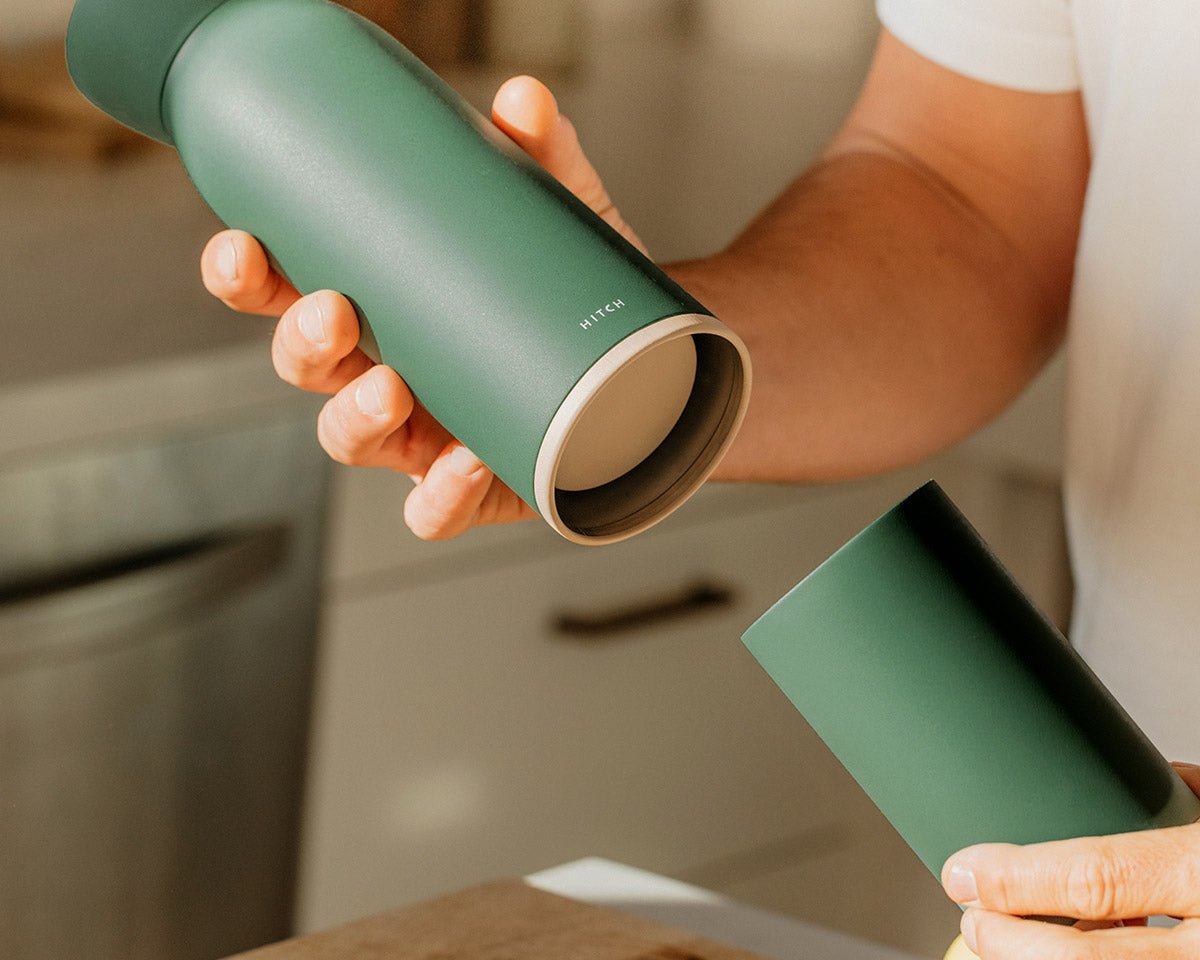 Hitch Bottle and Cup in Forest Green, secret barista-approved Hitch Cup pulled from Hitch Bottle 