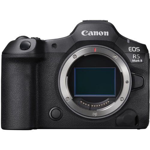 Front view of the Canon EOS R5 Mark II mirrorless camera body, showcasing its sensor and ergonomic design.