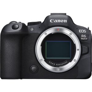 Front view of the Canon EOS R6 Mark II camera body, showing its full-frame sensor and lens mount.