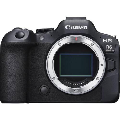 Front view of the Canon EOS R6 Mark II camera body, showing its full-frame sensor and lens mount.