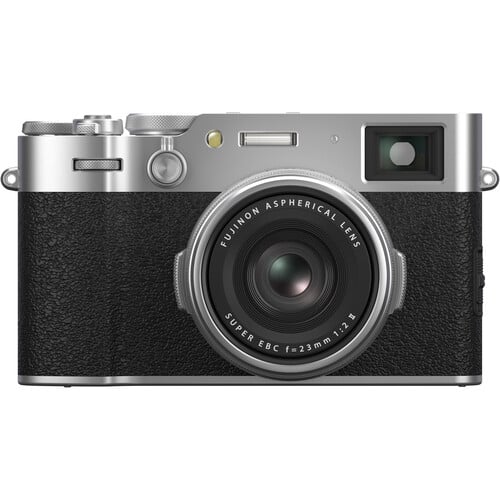 Fujifilm X100VI digital camera in silver with a classic rangefinder-style design, featuring a fixed 23mm f/2 lens, textured black grip, and hybrid viewfinder.