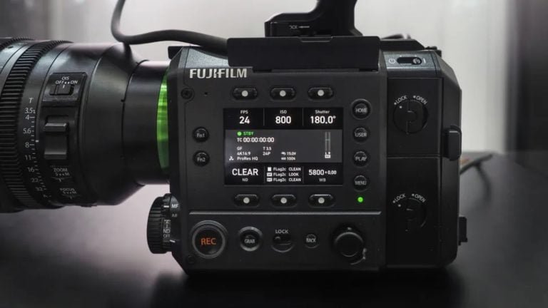 Close-up of the Fujifilm GFX Eterna cinema camera showcasing its control interface and display screen.