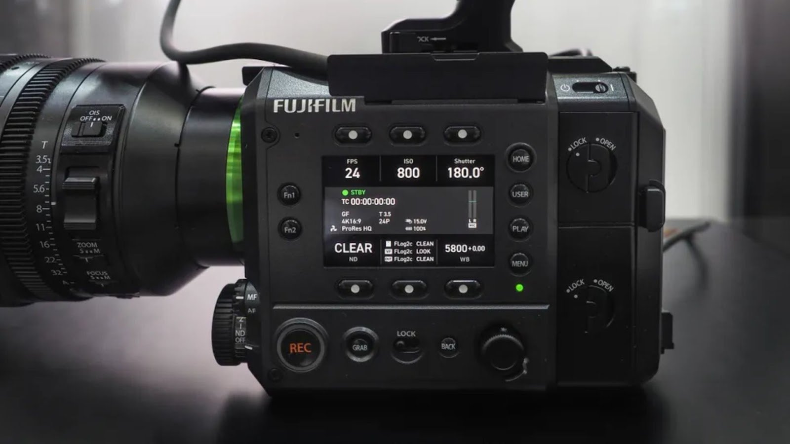 Close-up of the Fujifilm GFX Eterna cinema camera showcasing its control interface and display screen.