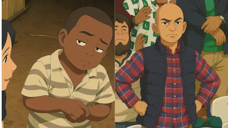 AI-generated Studio Ghibli-style artwork featuring two characters; one is a young boy with a skeptical expression wearing a striped shirt, while the other is a bald man in a plaid shirt and vest standing confidently among a crowd.