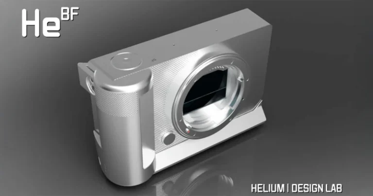 A silver Sigma BF camera body fitted with Helium Design Lab's custom grip, showcasing its ergonomic design and premium build.