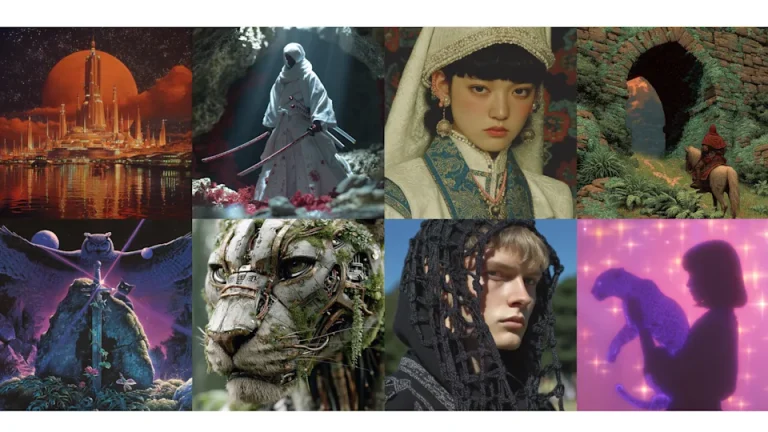eight AI-generated fantasy and sci-fi themed artworks, featuring futuristic cities, characters, animals, and surreal landscapes.